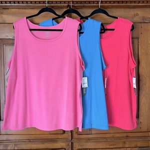 Set of three sleeveless tank tops. Light rose, turquoise, deep pink.
